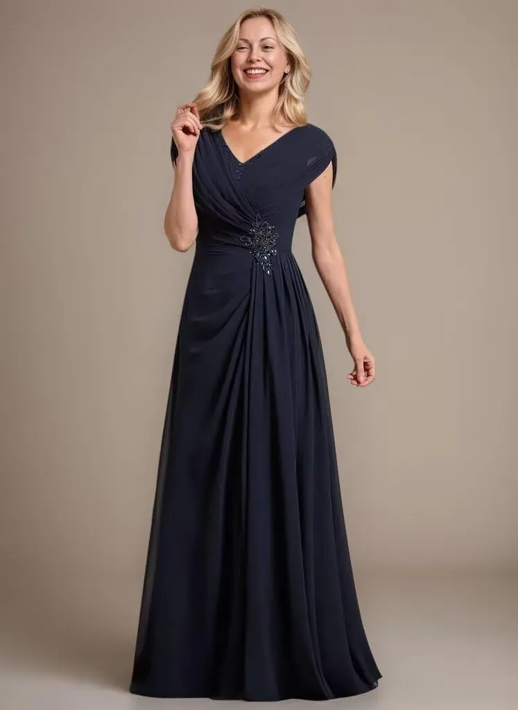 Cap Sleeve Mother of The Bride Dresses for Wedding Ruched Chiffon Long Formal Evening Dress
