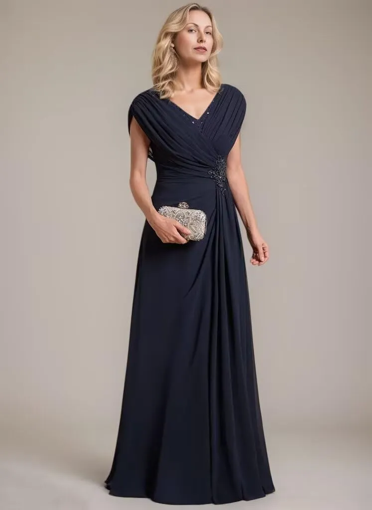 Cap Sleeve Mother of The Bride Dresses for Wedding Ruched Chiffon Long Formal Evening Dress