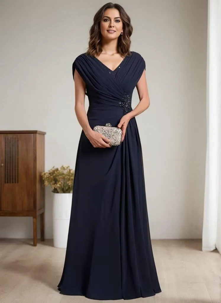 Cap Sleeve Mother of The Bride Dresses for Wedding Ruched Chiffon Long Formal Evening Dress