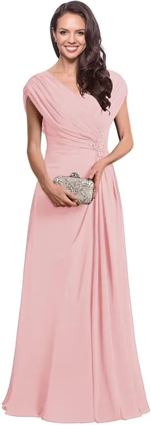Cap Sleeve Mother of The Bride Dresses for Wedding Ruched Chiffon Long Formal Evening Dress