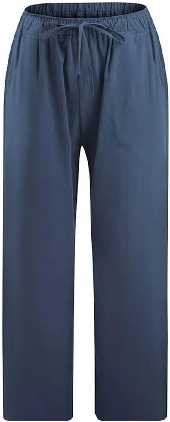 Capri Pants for Women Summer Cotton Linen Capris Drawstring Elastic High Waist Pants Wide Leg Cropped Trouser