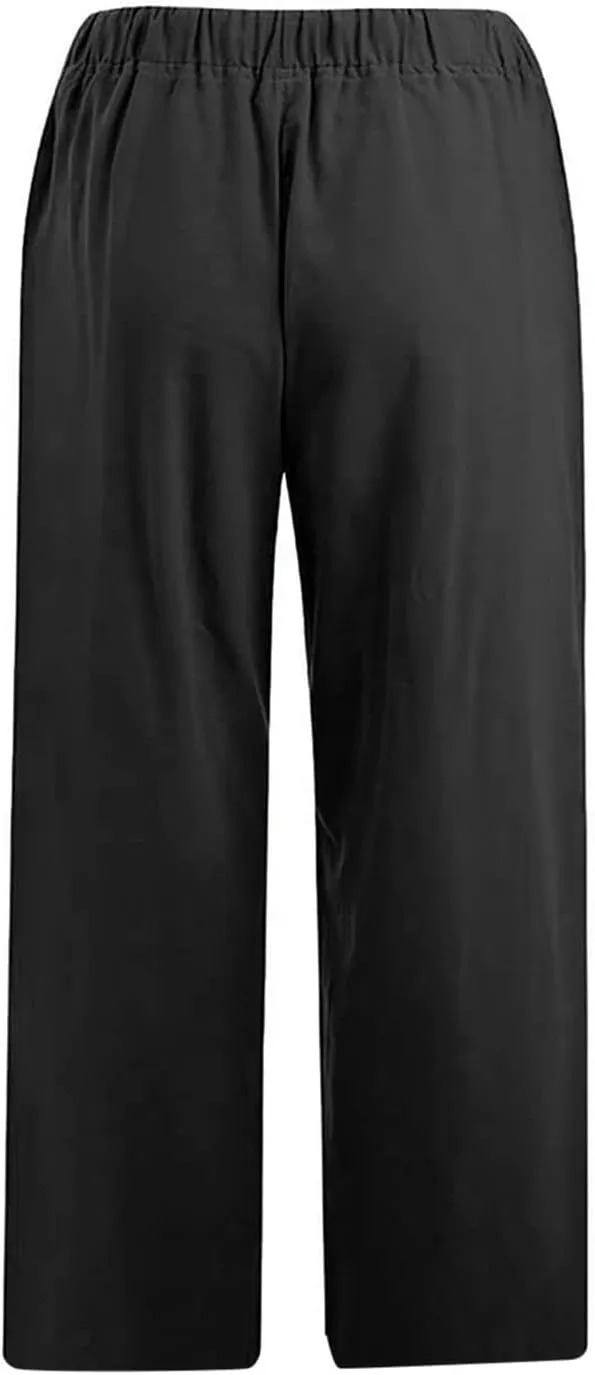 Capri Pants for Women Summer Cotton Linen Capris Drawstring Elastic High Waist Pants Wide Leg Cropped Trouser