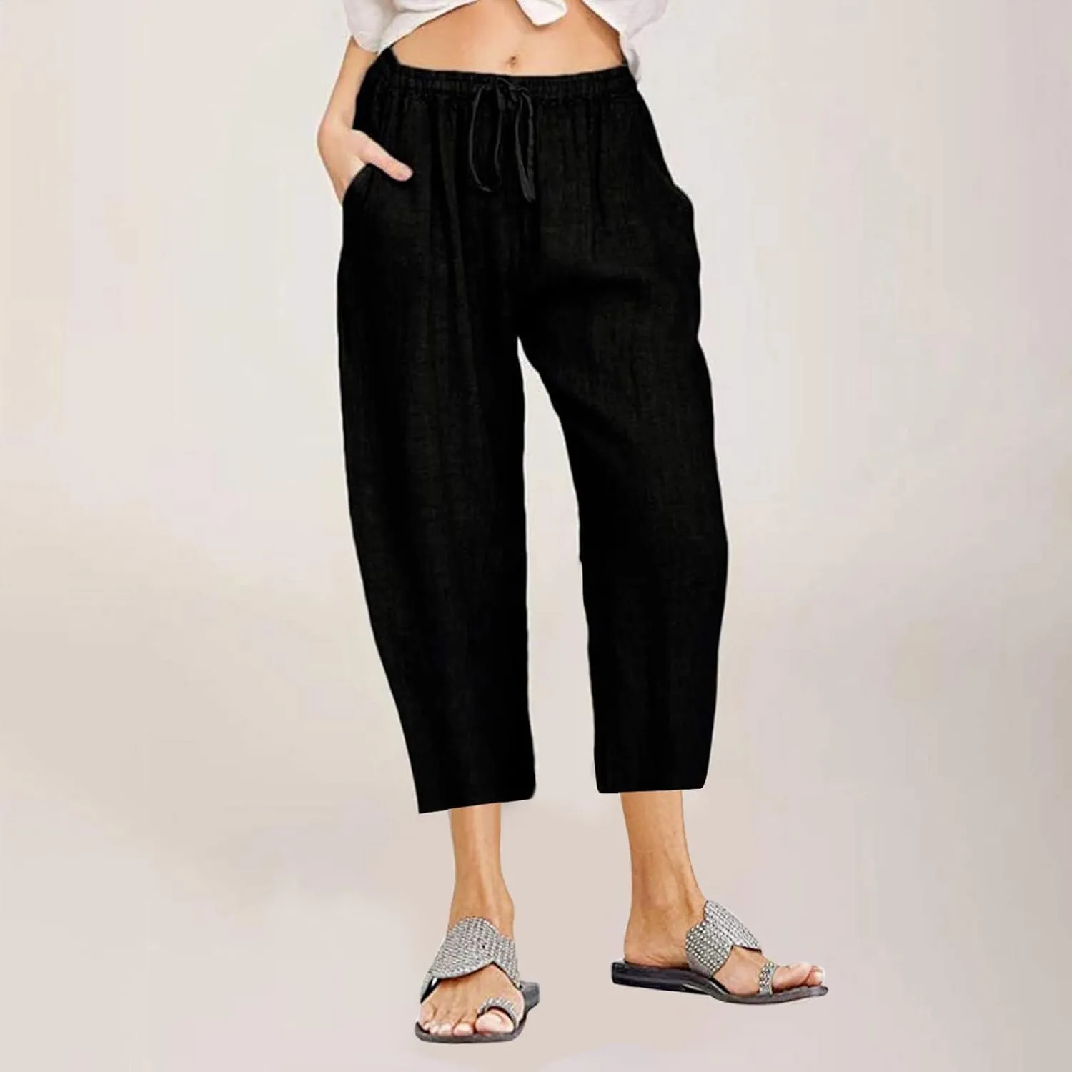 Capri Pants for Women Summer Cotton Linen Capris Drawstring Elastic High Waist Pants Wide Leg Cropped Trouser