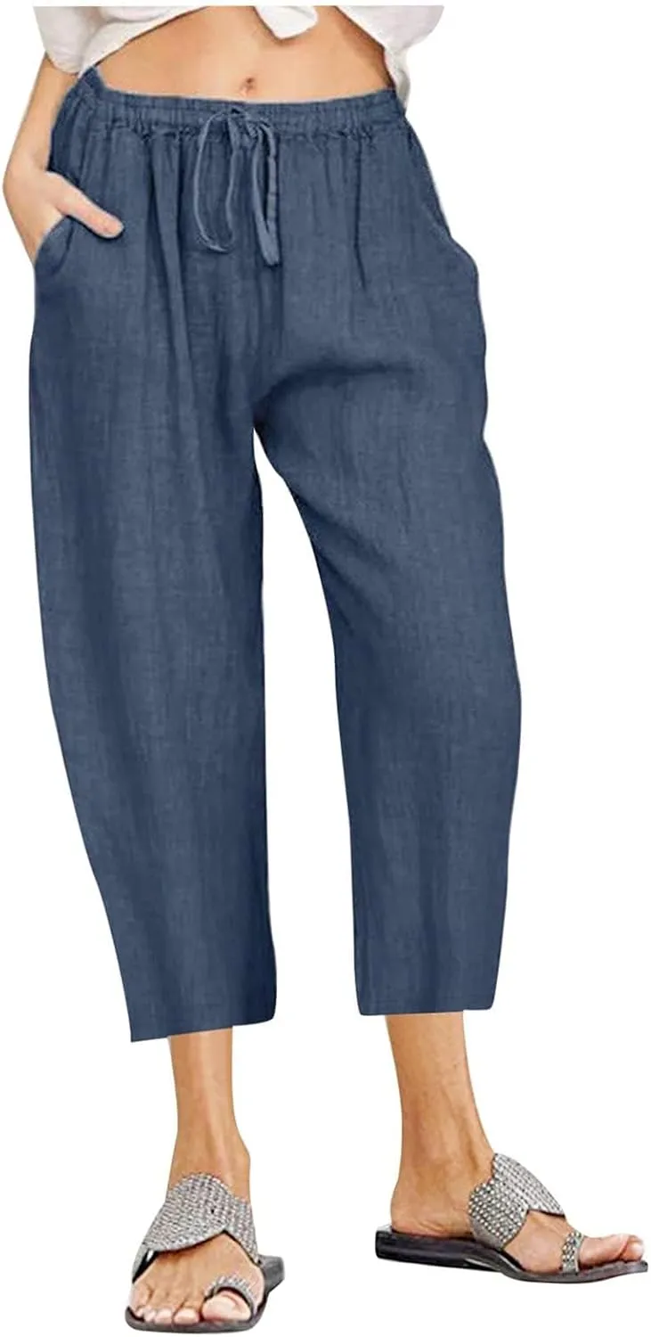 Capri Pants for Women Summer Cotton Linen Capris Drawstring Elastic High Waist Pants Wide Leg Cropped Trouser