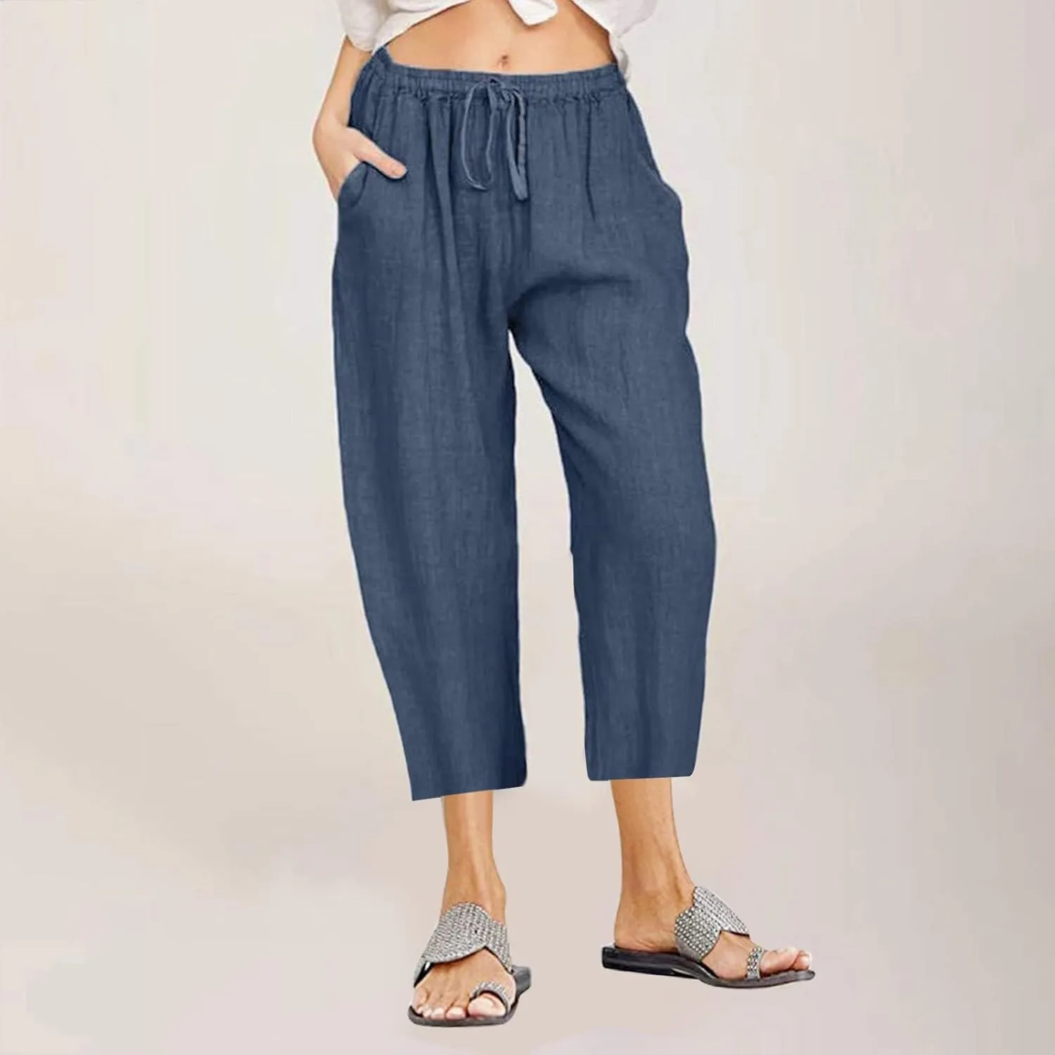 Capri Pants for Women Summer Cotton Linen Capris Drawstring Elastic High Waist Pants Wide Leg Cropped Trouser