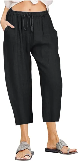 Capri Pants for Women Summer Cotton Linen Capris Drawstring Elastic High Waist Pants Wide Leg Cropped Trouser