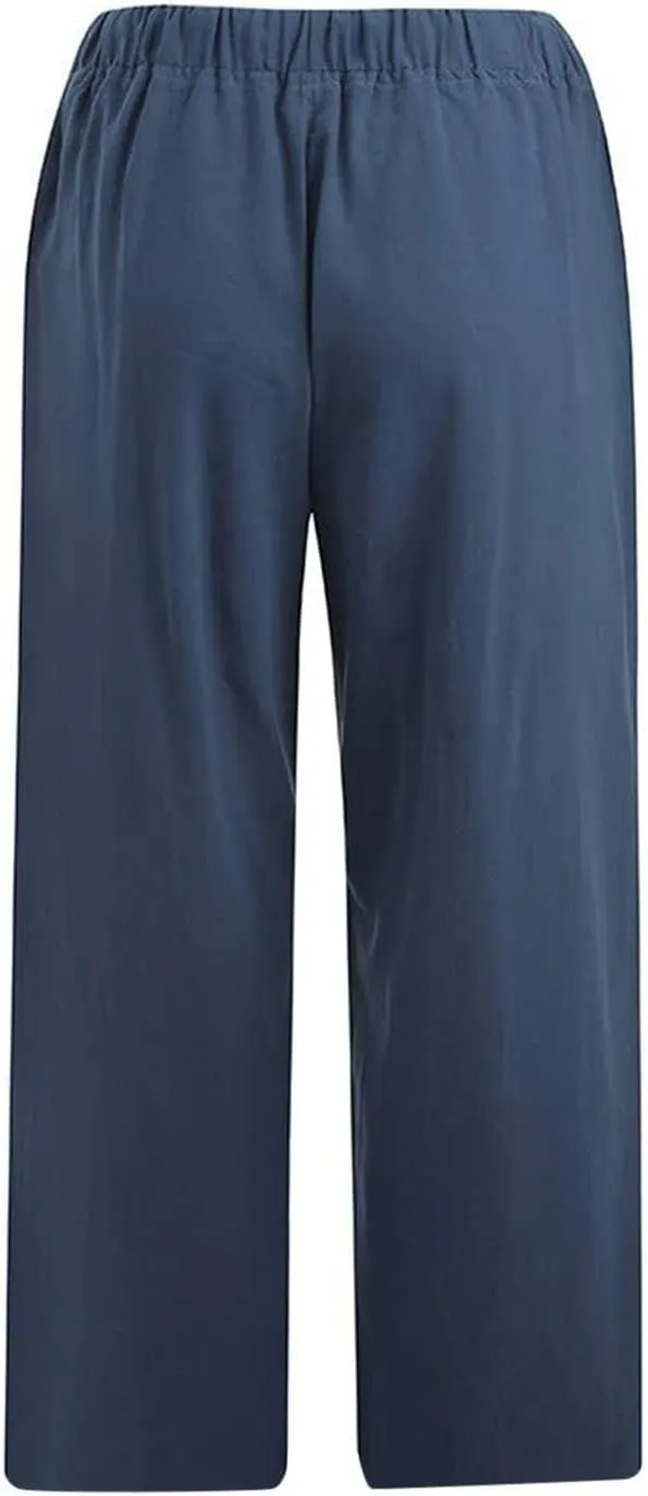 Capri Pants for Women Summer Cotton Linen Capris Drawstring Elastic High Waist Pants Wide Leg Cropped Trouser