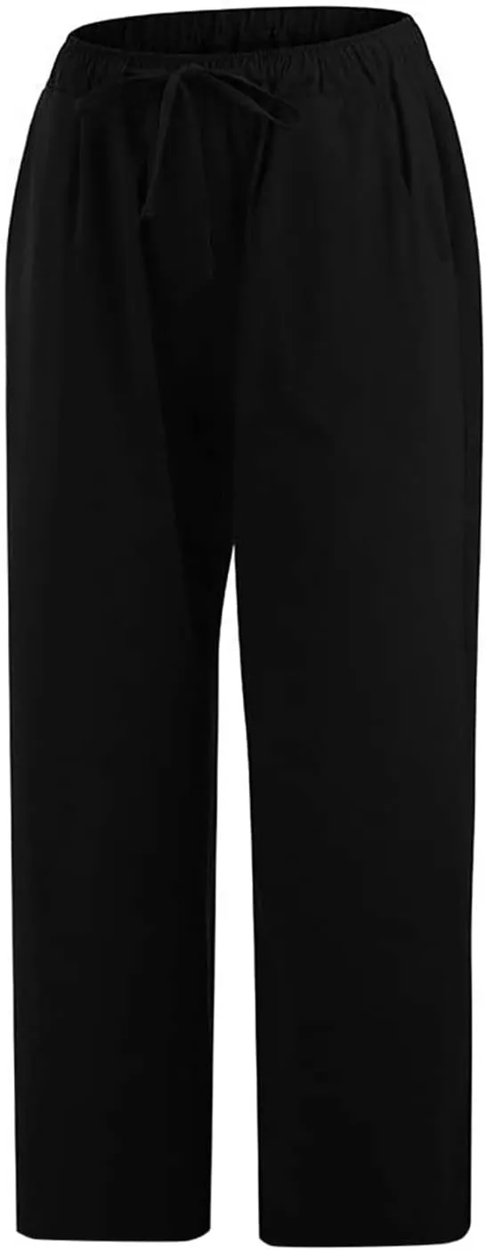 Capri Pants for Women Summer Cotton Linen Capris Drawstring Elastic High Waist Pants Wide Leg Cropped Trouser