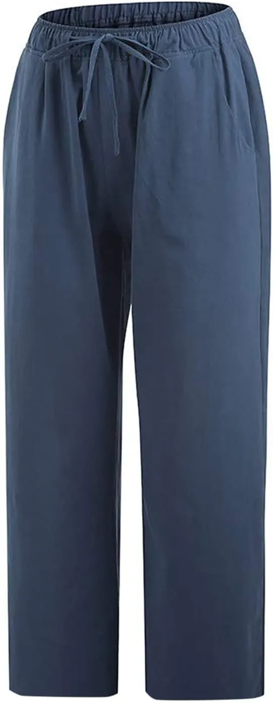 Capri Pants for Women Summer Cotton Linen Capris Drawstring Elastic High Waist Pants Wide Leg Cropped Trouser