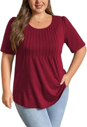 CARRROTMOB Plus Size Womens Summer Tops Puff Short Sleeve Crew Neck Pleated T Shirts Loose Dressy Casual Blouses
