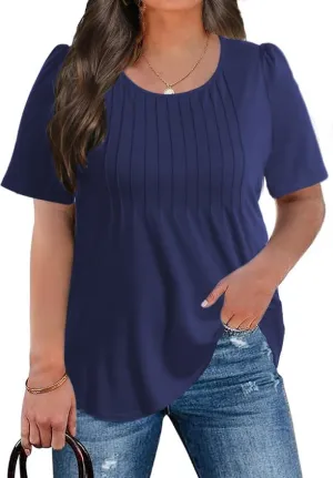 CARRROTMOB Plus Size Womens Summer Tops Puff Short Sleeve Crew Neck Pleated T Shirts Loose Dressy Casual Blouses