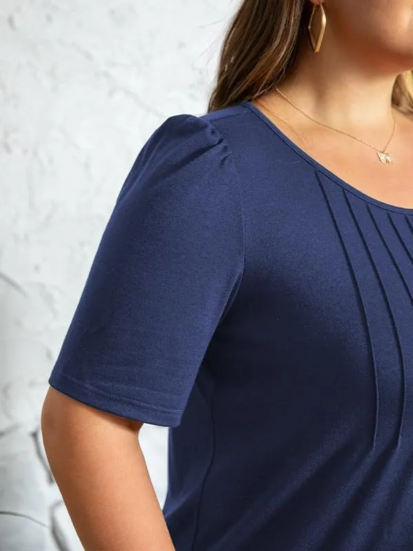 CARRROTMOB Plus Size Womens Summer Tops Puff Short Sleeve Crew Neck Pleated T Shirts Loose Dressy Casual Blouses