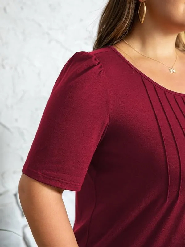 CARRROTMOB Plus Size Womens Summer Tops Puff Short Sleeve Crew Neck Pleated T Shirts Loose Dressy Casual Blouses