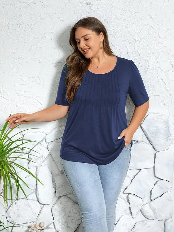 CARRROTMOB Plus Size Womens Summer Tops Puff Short Sleeve Crew Neck Pleated T Shirts Loose Dressy Casual Blouses