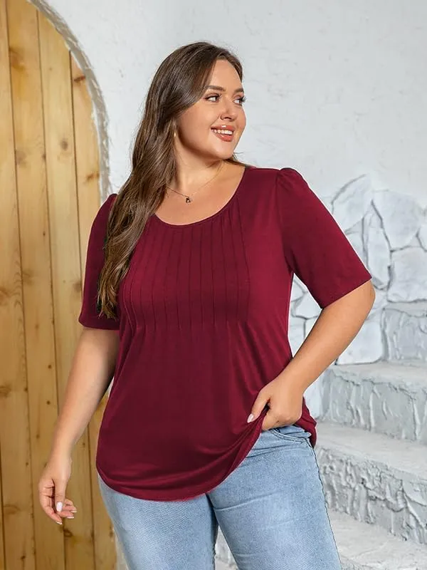 CARRROTMOB Plus Size Womens Summer Tops Puff Short Sleeve Crew Neck Pleated T Shirts Loose Dressy Casual Blouses