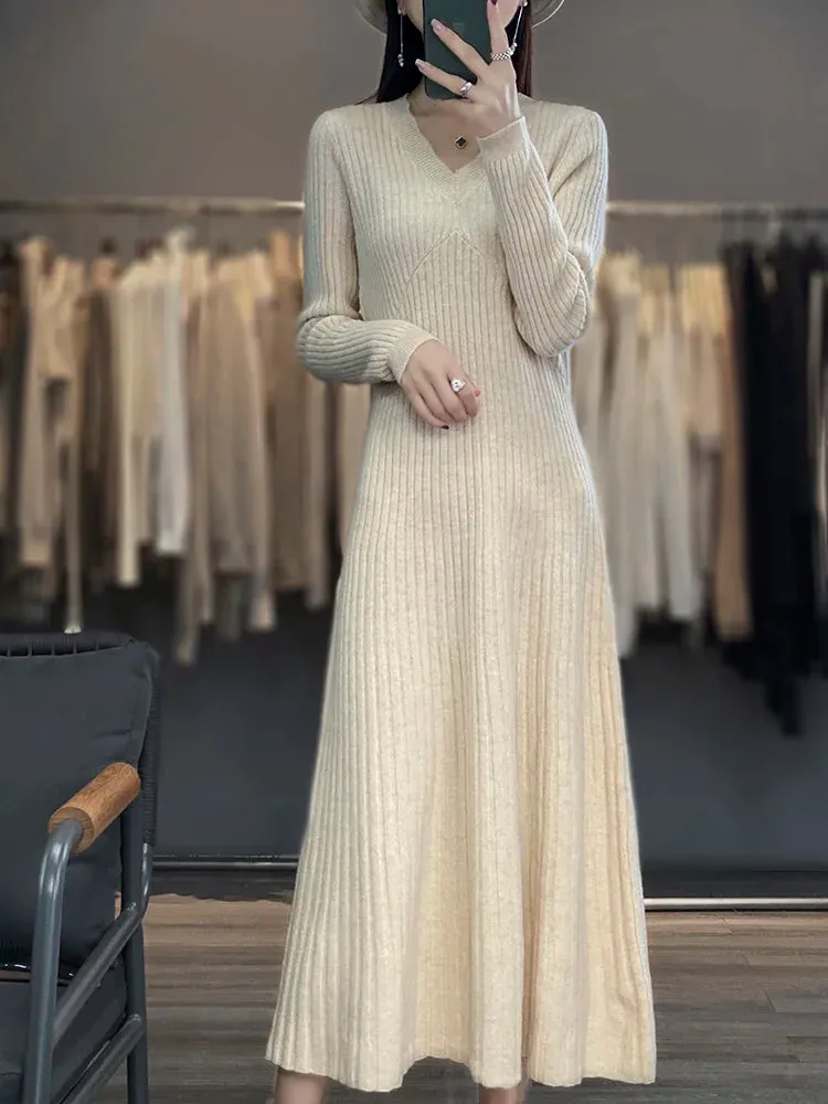 Cashmere Dress Woman's Clothes V-Neck Pullover Long Sweater Autumn Winter 100% Merino Wool Knitted Long Skirt Fashion Korean