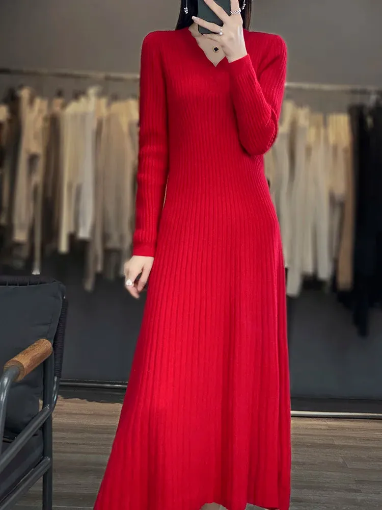 Cashmere Dress Woman's Clothes V-Neck Pullover Long Sweater Autumn Winter 100% Merino Wool Knitted Long Skirt Fashion Korean