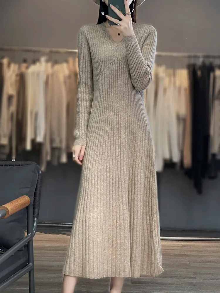 Cashmere Dress Woman's Clothes V-Neck Pullover Long Sweater Autumn Winter 100% Merino Wool Knitted Long Skirt Fashion Korean
