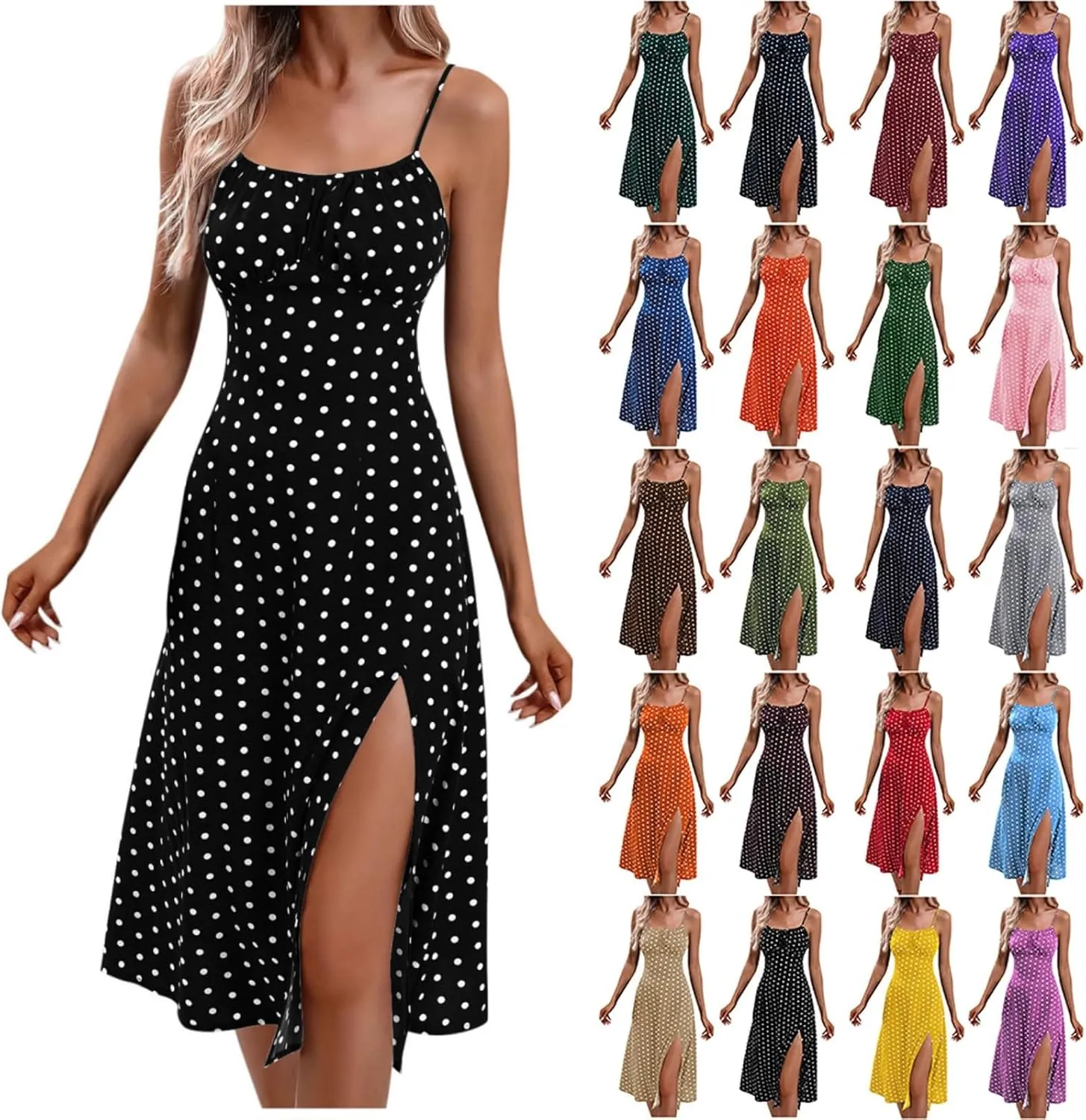 Casual Dresses for Women Summer Boho Spaghetti Strap Midi Dress Polka Dot Smocked Sleeveless Side Slit Sexy Sundress