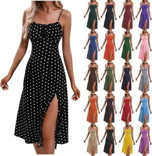 Casual Dresses for Women Summer Boho Spaghetti Strap Midi Dress Polka Dot Smocked Sleeveless Side Slit Sexy Sundress