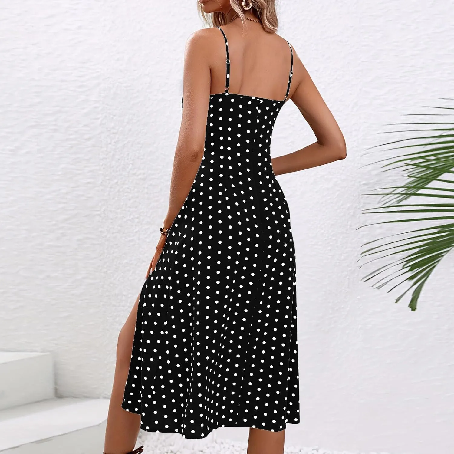 Casual Dresses for Women Summer Boho Spaghetti Strap Midi Dress Polka Dot Smocked Sleeveless Side Slit Sexy Sundress