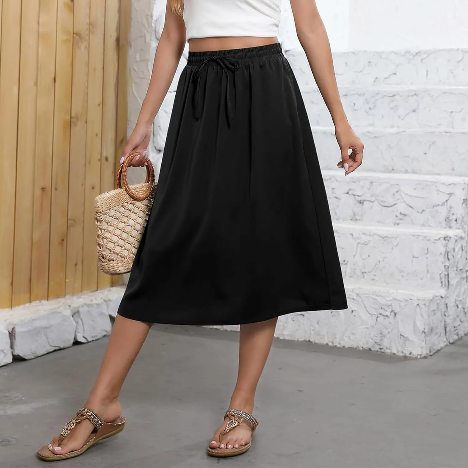 Casual Summer Skirts for Women Floral Midi Skirts Drawstring Elastic Waist Knee Length Skirt A Line Skirt with Pocket