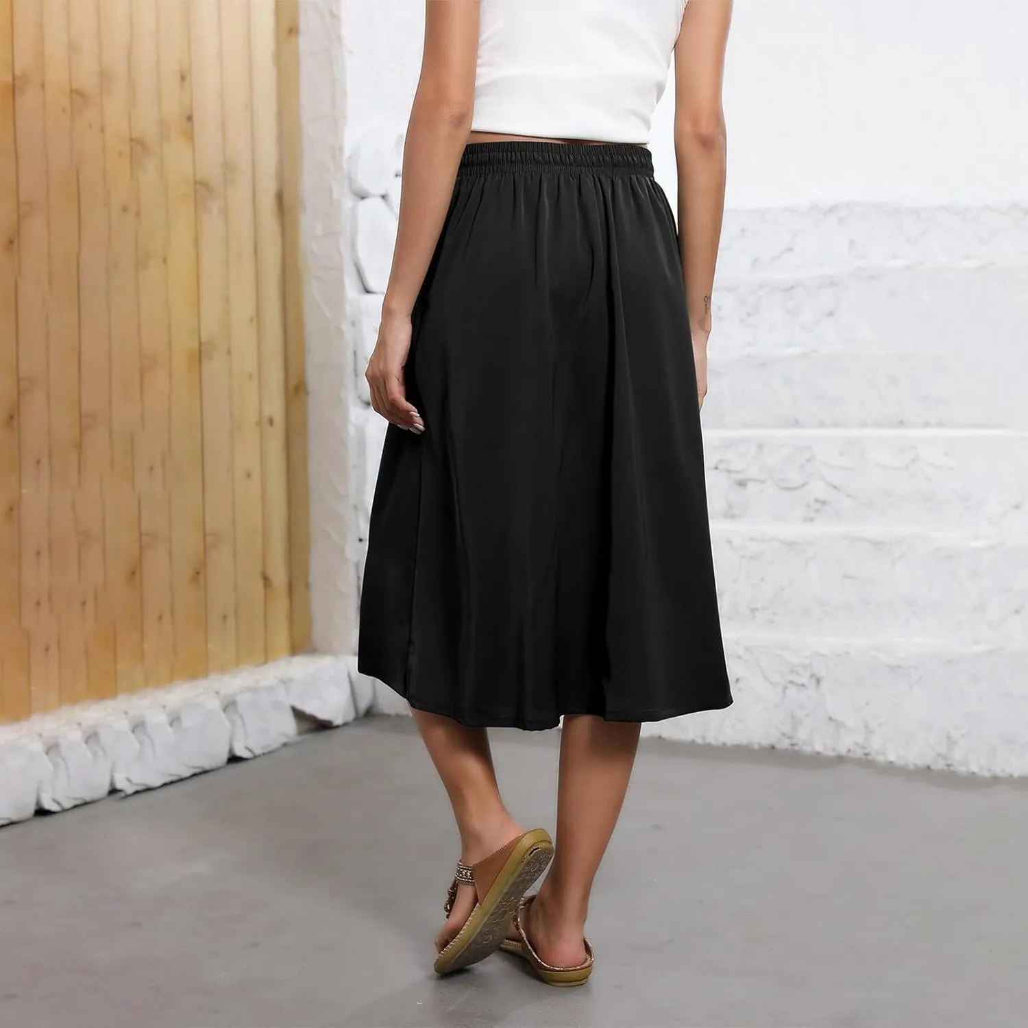 Casual Summer Skirts for Women Floral Midi Skirts Drawstring Elastic Waist Knee Length Skirt A Line Skirt with Pocket