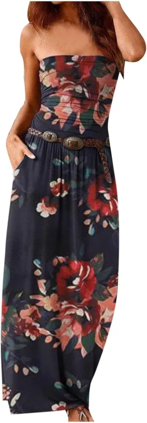 Ceboyel Sun Dresses for Women 2023 Strapless Maxi Dress Floral Boho Sundresses Bohemian Beach Party Long Summer Dress