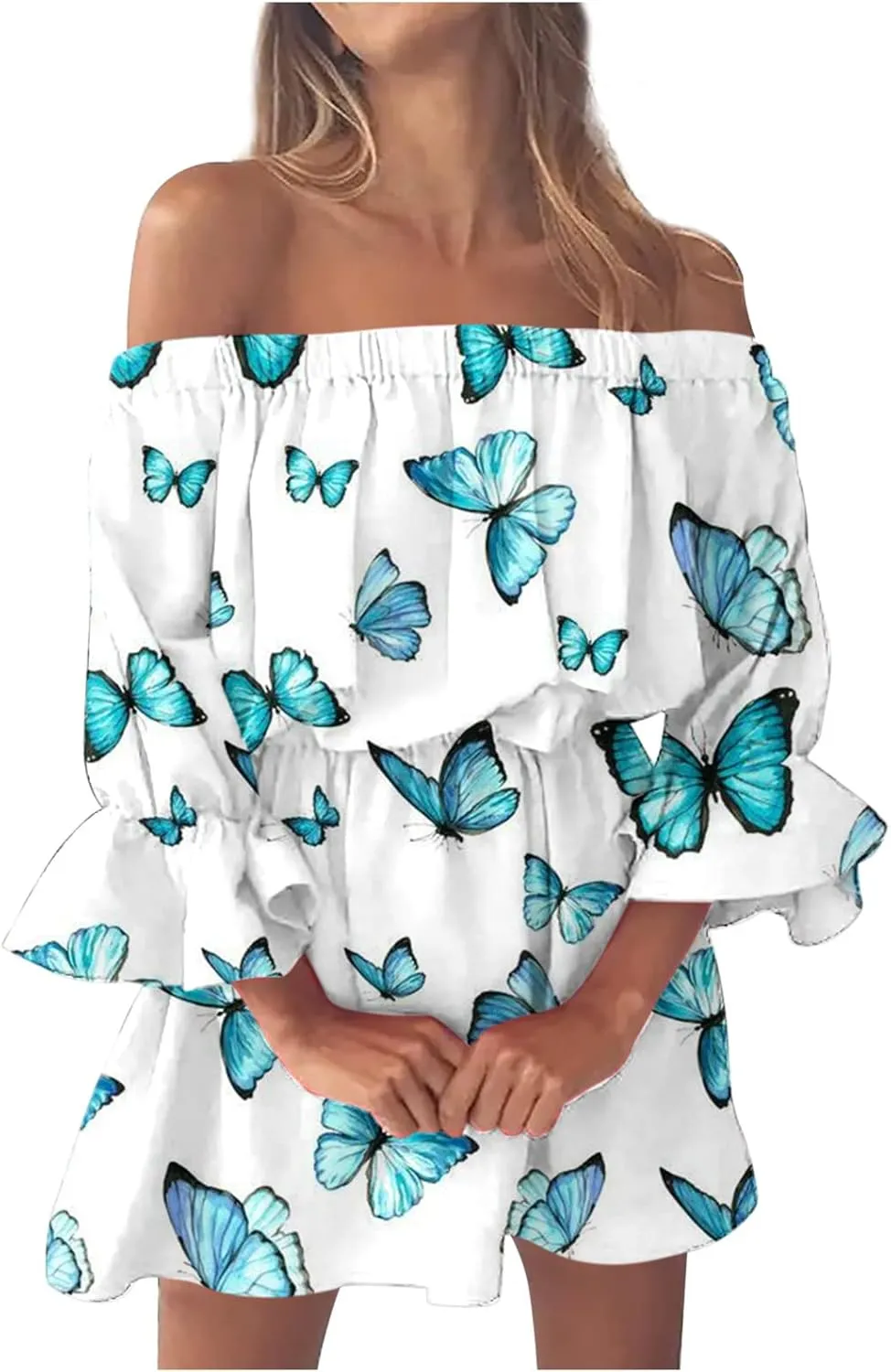 Ceboyel Women Marble Print Ruffle Dress Off Shoulder Summer Dresses Sexy Vacation Sun Dress Summer Beach Outfits 2023