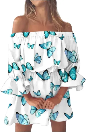 Ceboyel Women Marble Print Ruffle Dress Off Shoulder Summer Dresses Sexy Vacation Sun Dress Summer Beach Outfits 2023
