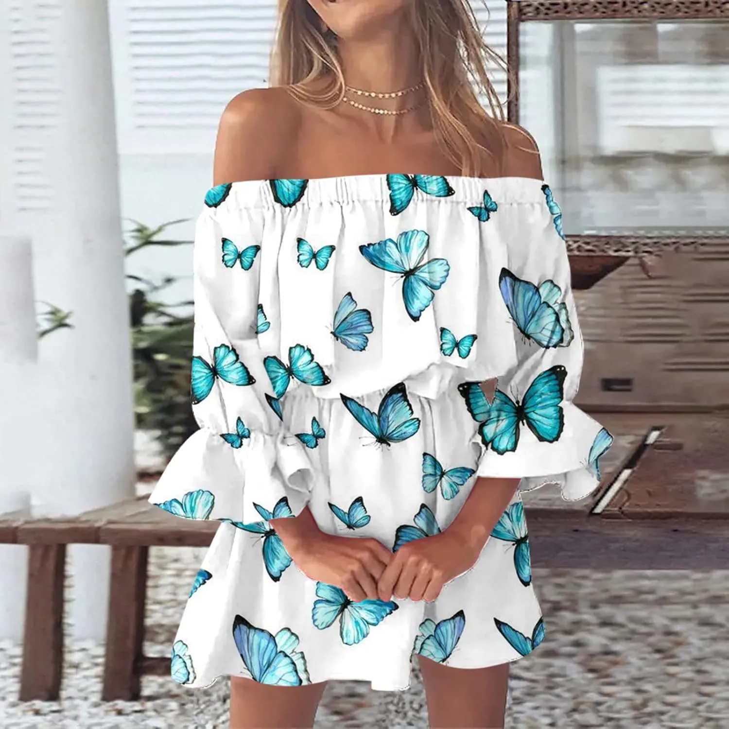 Ceboyel Women Marble Print Ruffle Dress Off Shoulder Summer Dresses Sexy Vacation Sun Dress Summer Beach Outfits 2023