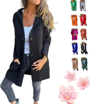 Cedar and Ash Single Breasted Hooded Jacket, Casual Single Breasted Jacket, Long Sleeve Solid Color Trench Coat with Pockets