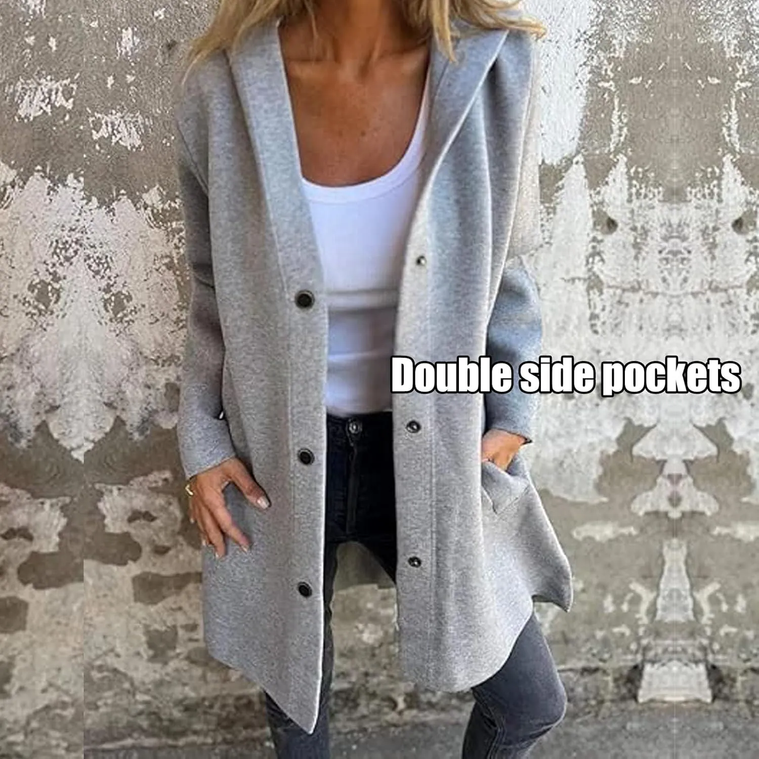 Cedar and Ash Single Breasted Hooded Jacket, Casual Single Breasted Jacket, Long Sleeve Solid Color Trench Coat with Pockets