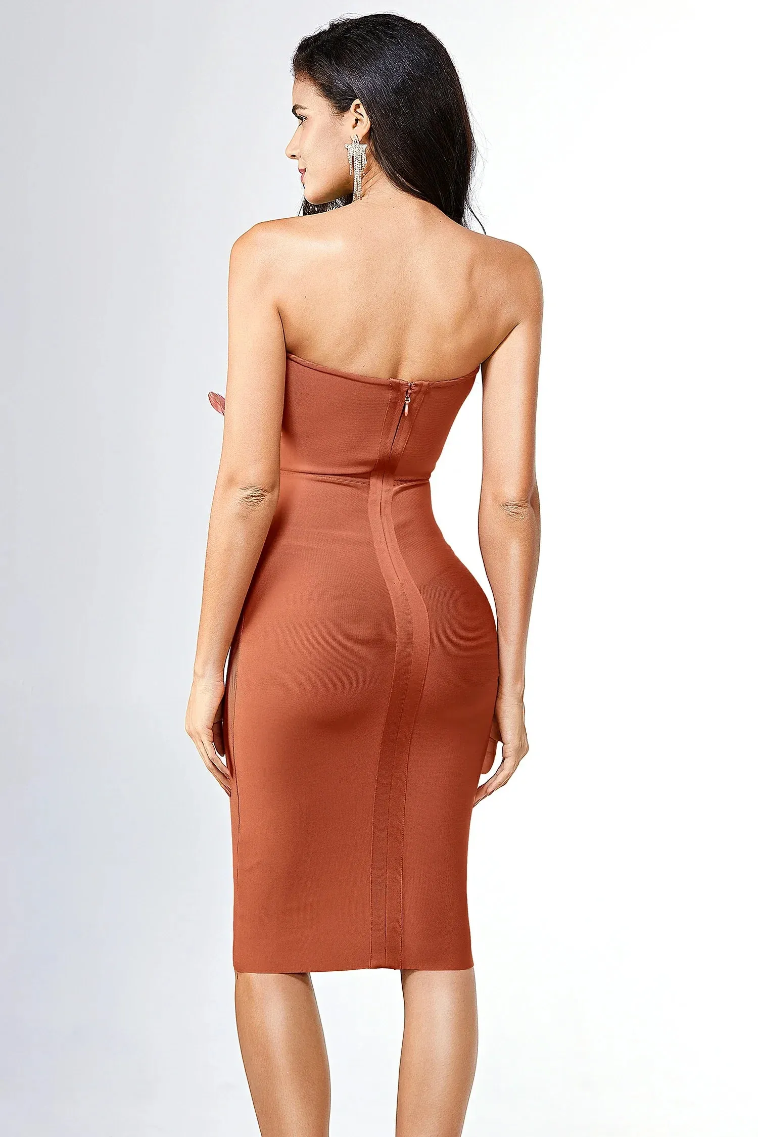 Chestnut Feather Bandage Dress in Brown