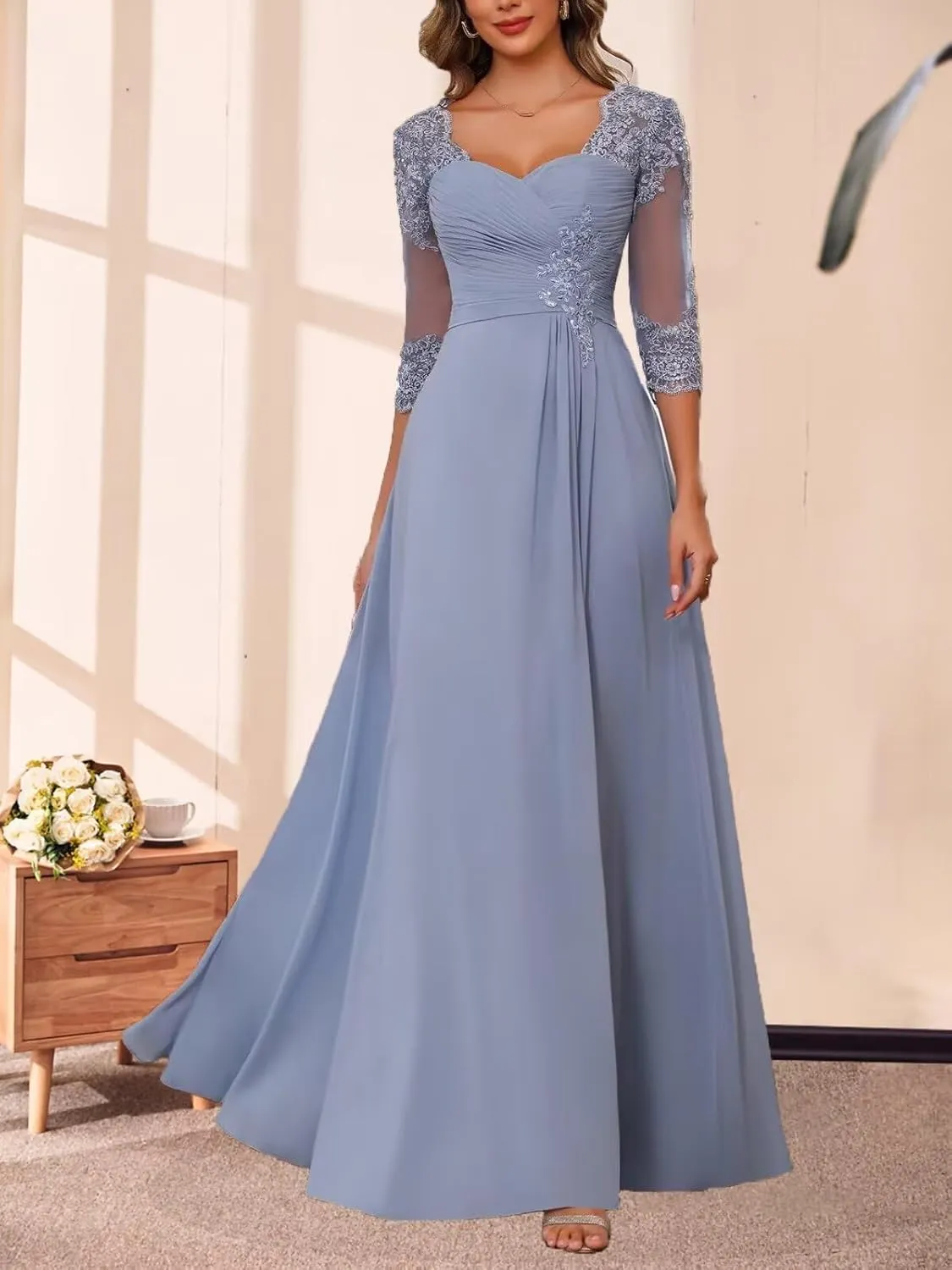 Chiffon A-line Mother of The Bride Dresses for Women Lace Applique 3/4 Sleeve Long Formal Evening Gown