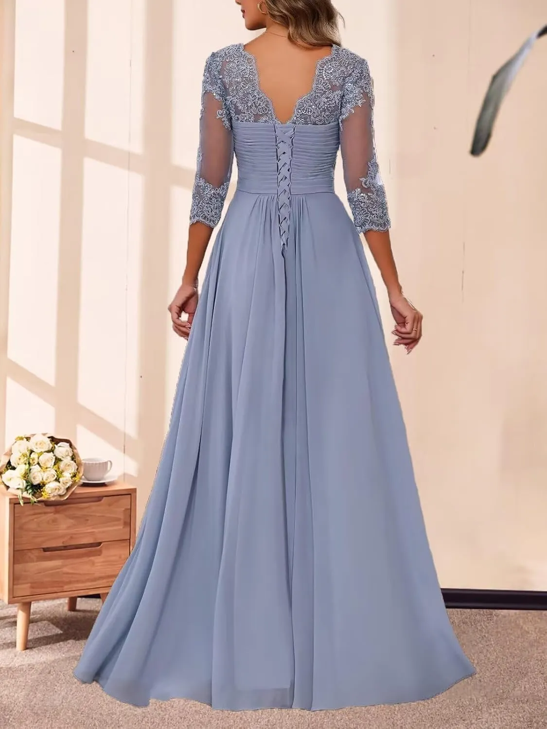 Chiffon A-line Mother of The Bride Dresses for Women Lace Applique 3/4 Sleeve Long Formal Evening Gown
