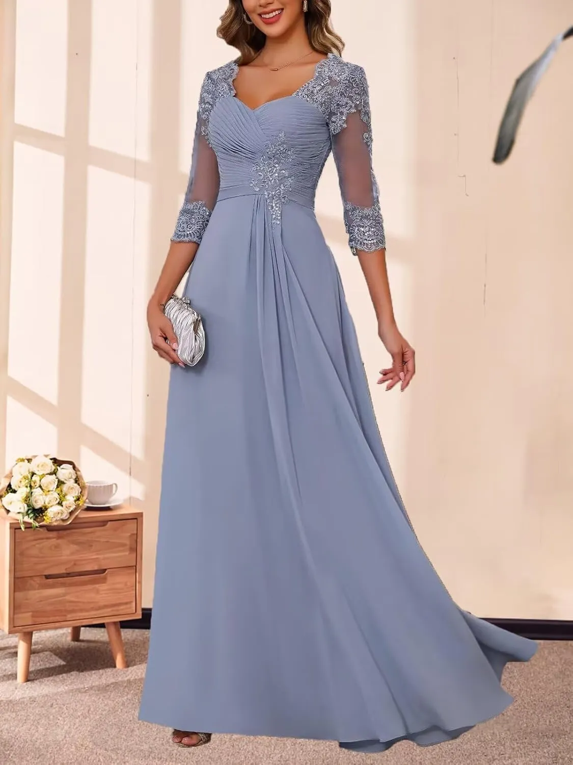 Chiffon A-line Mother of The Bride Dresses for Women Lace Applique 3/4 Sleeve Long Formal Evening Gown