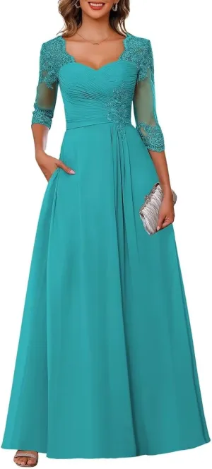 Chiffon A-line Mother of The Bride Dresses for Women Lace Applique 3/4 Sleeve Long Formal Evening Gown