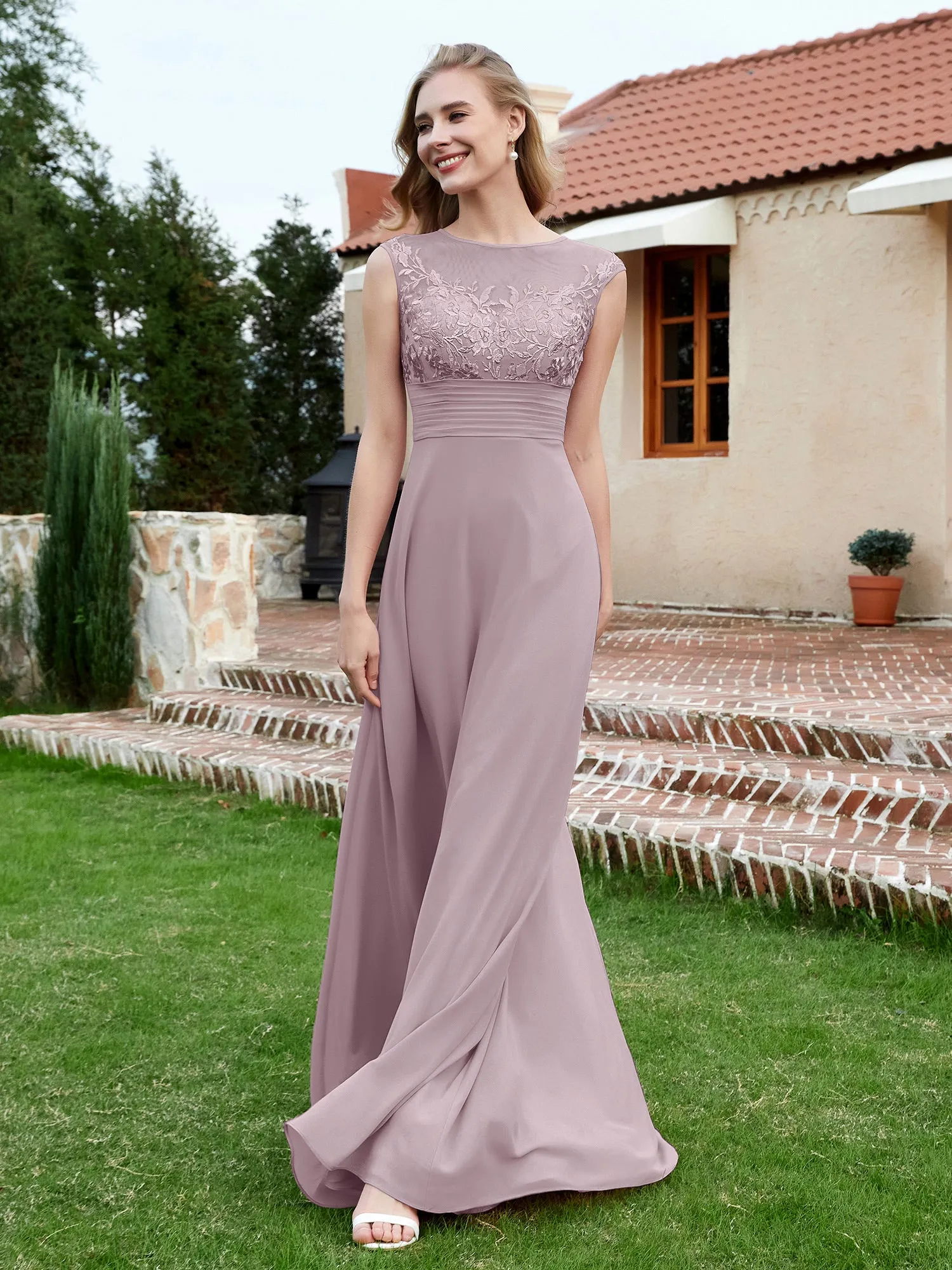 Chiffon And Lace Floor-length A-line Dress Dusk