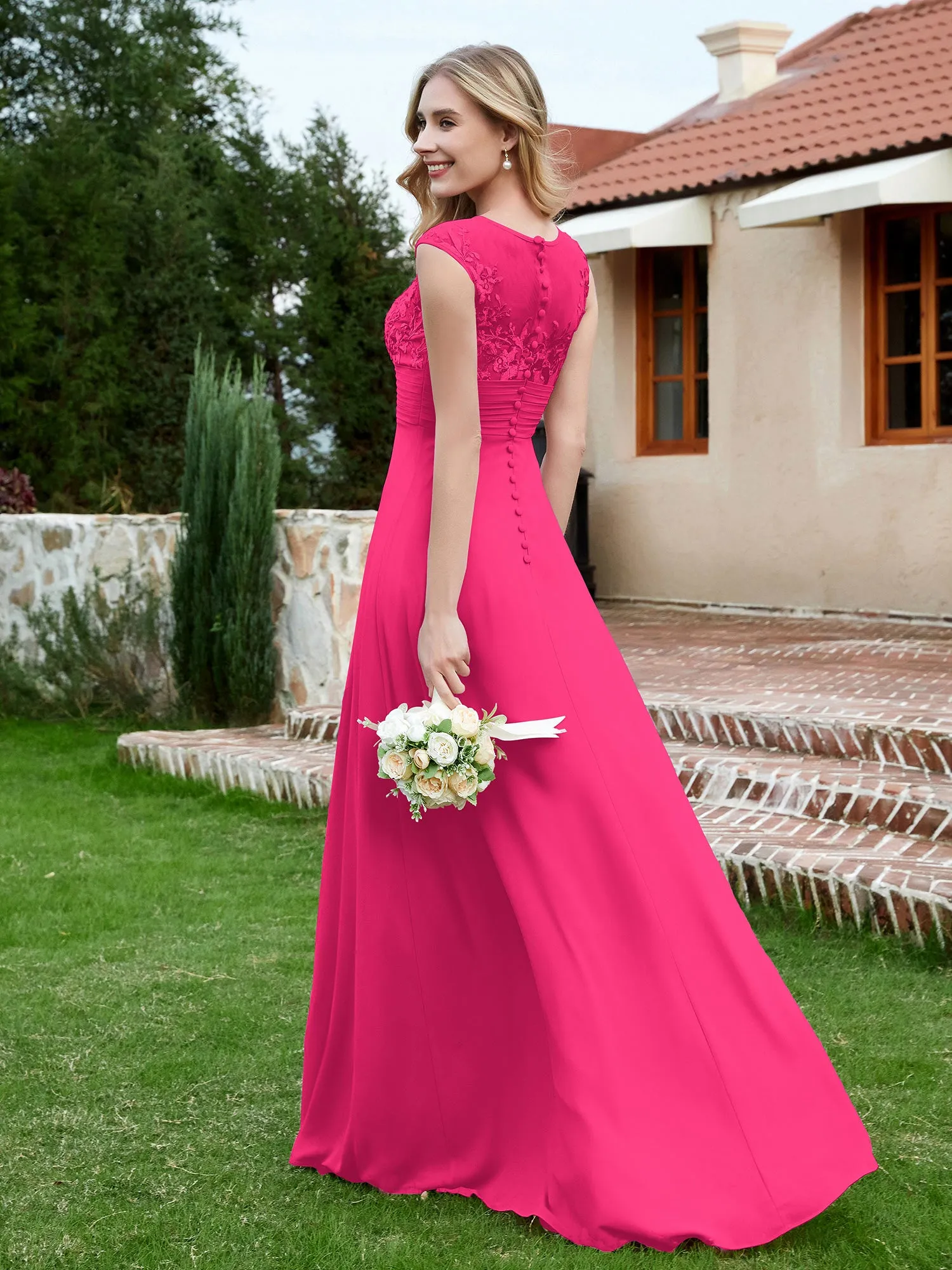 Chiffon And Lace Floor-length A-line Dress Fuchsia