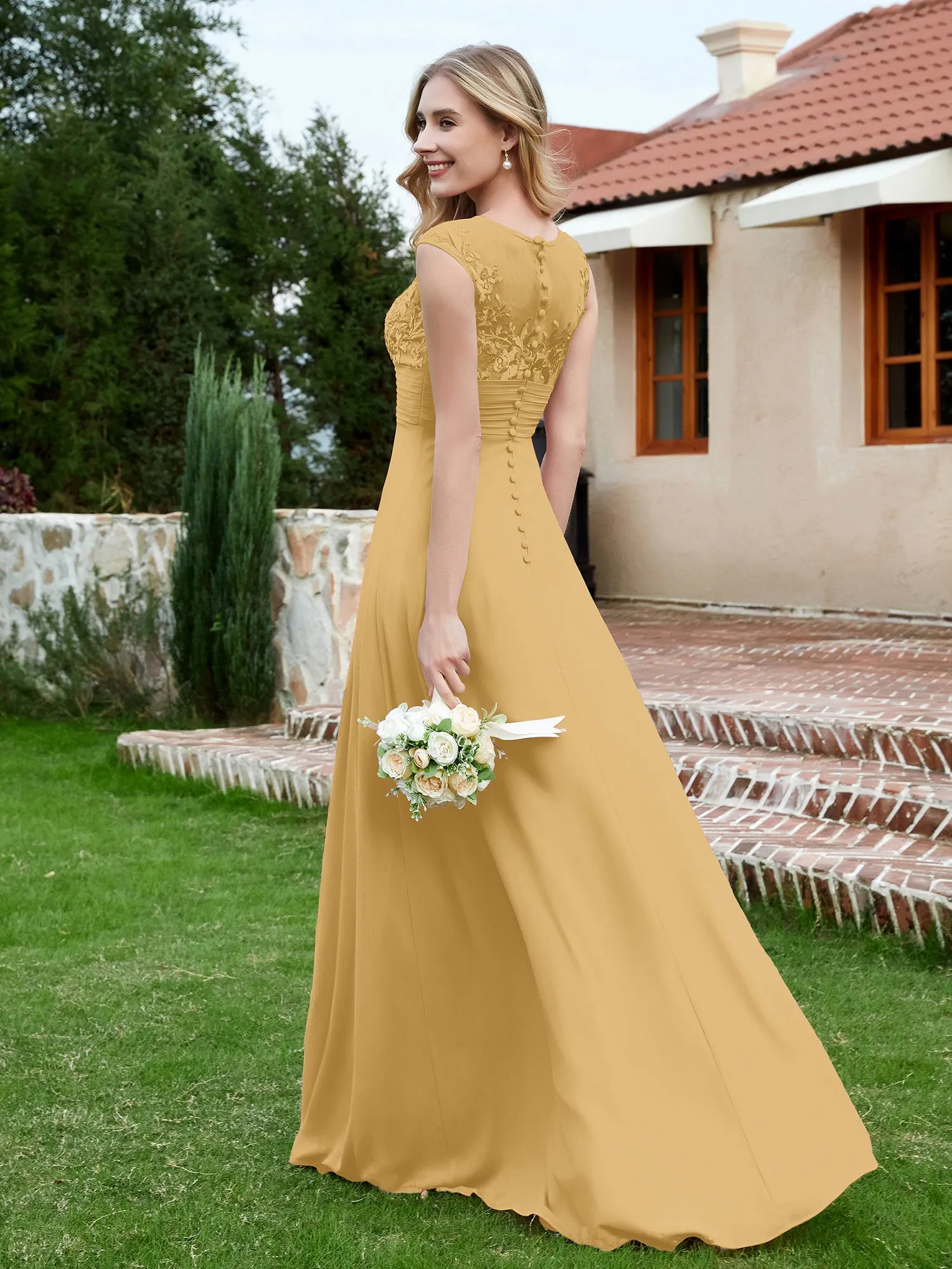 Chiffon And Lace Floor-length A-line Dress Gold Plus Size