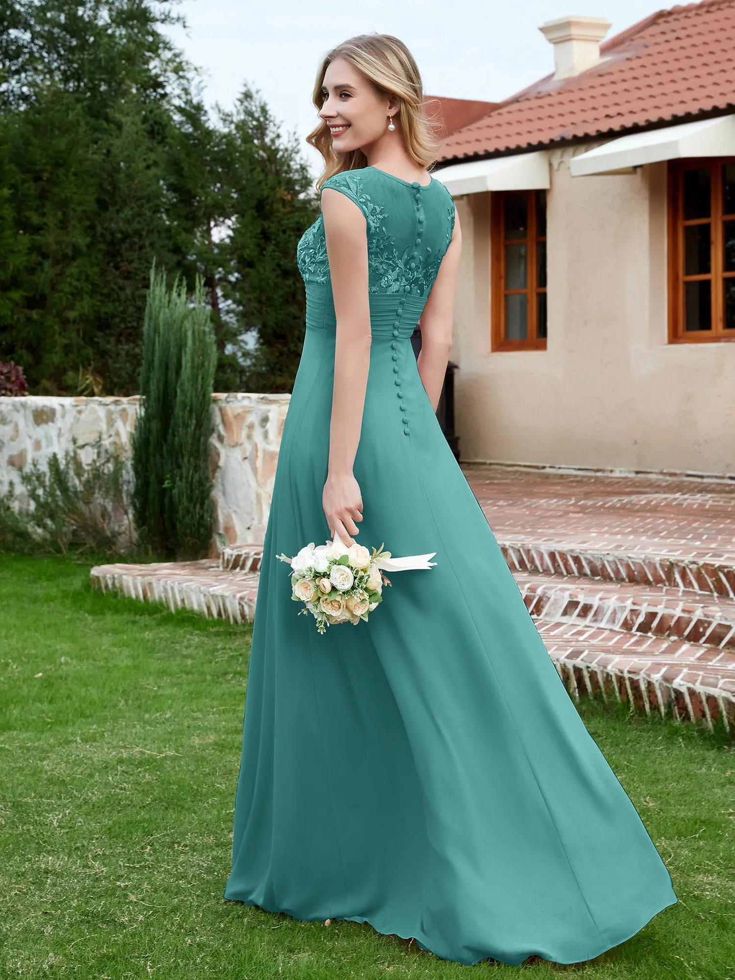 Chiffon And Lace Floor-length A-line Dress Jade