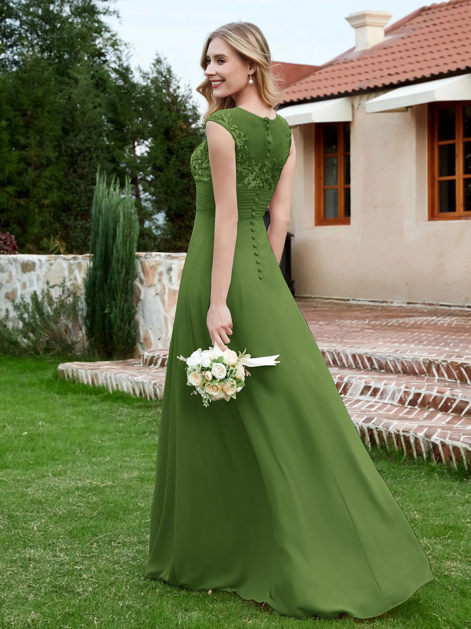 Chiffon And Lace Floor-length A-line Dress Moss