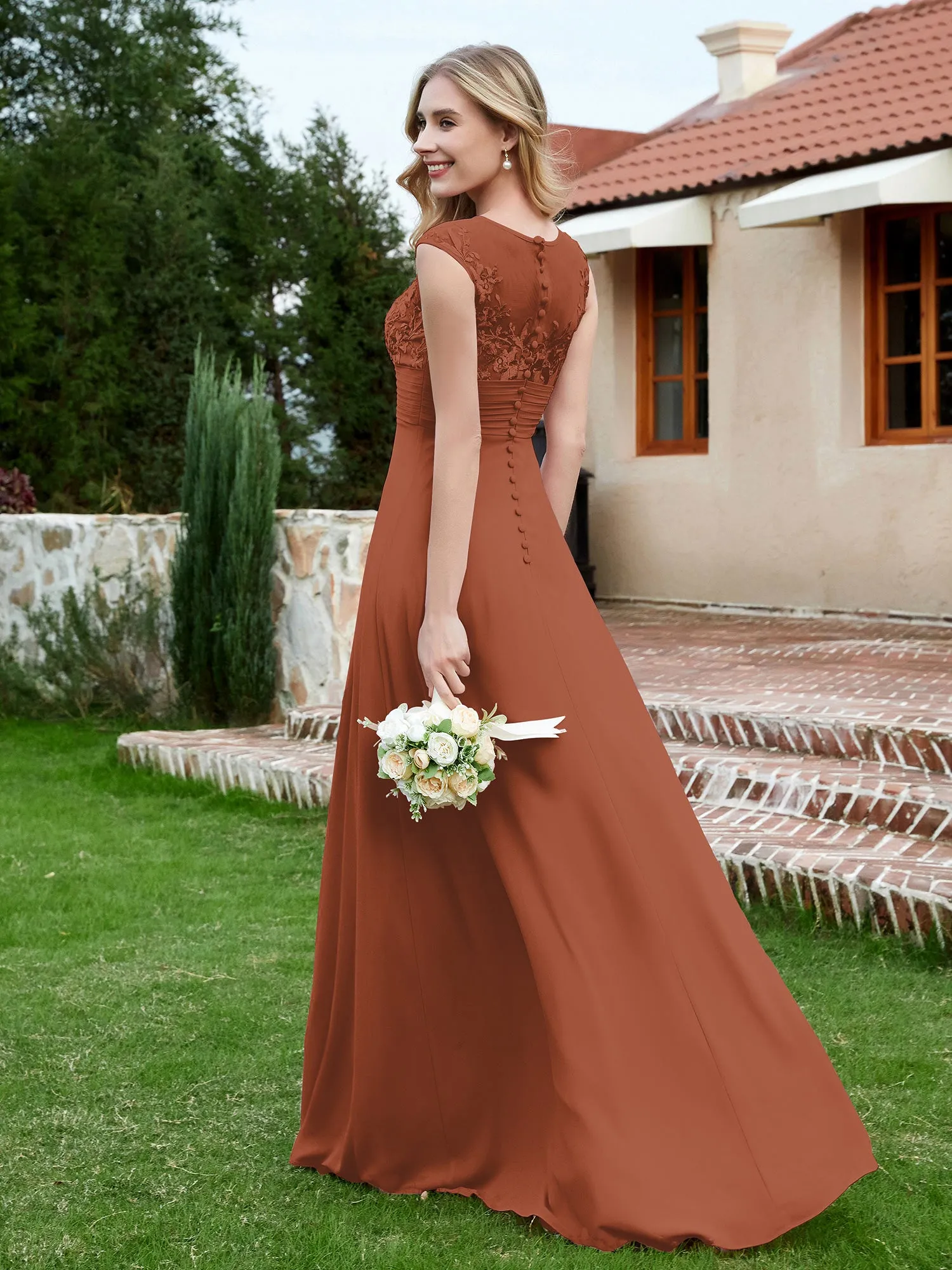 Chiffon And Lace Floor-length A-line Dress Rust