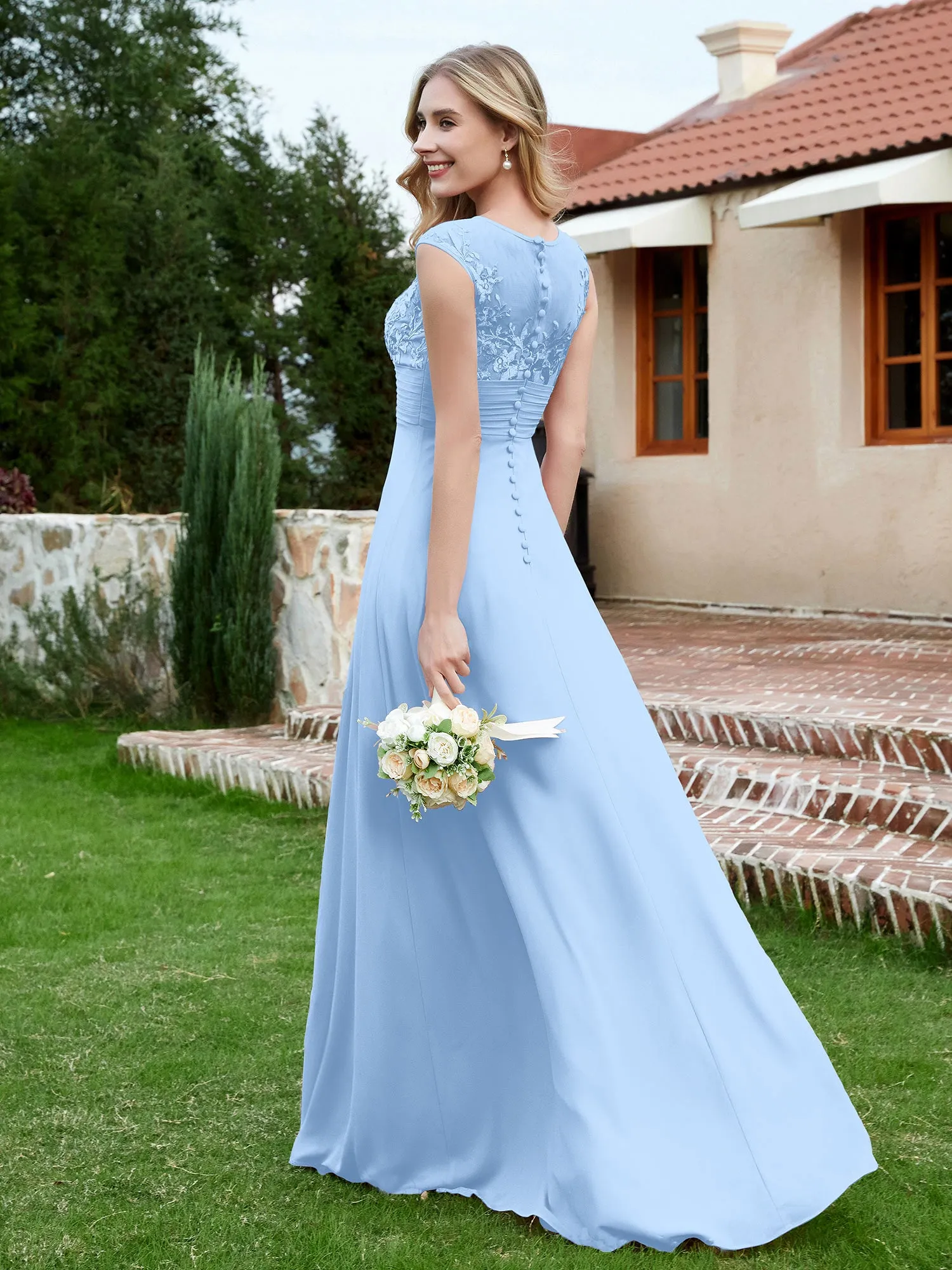 Chiffon And Lace Floor-length A-line Dress Sky Blue
