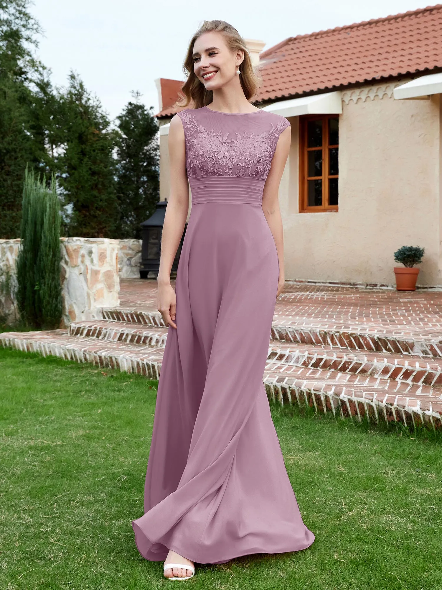 Chiffon And Lace Floor-length A-line Dress Wisteria