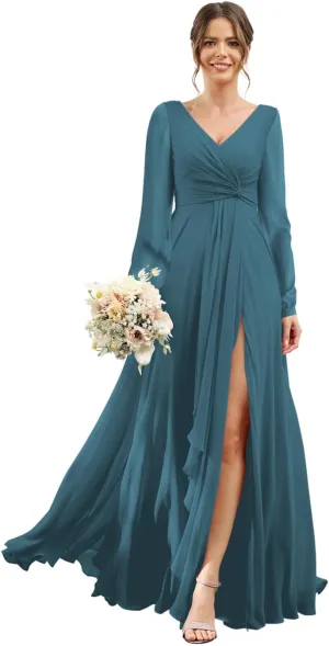 Chiffon Bridesmaid Dresses 2025 for Women with Slit V Neck Long Sleeve Flowy Formal Dresses with Pockets RO001