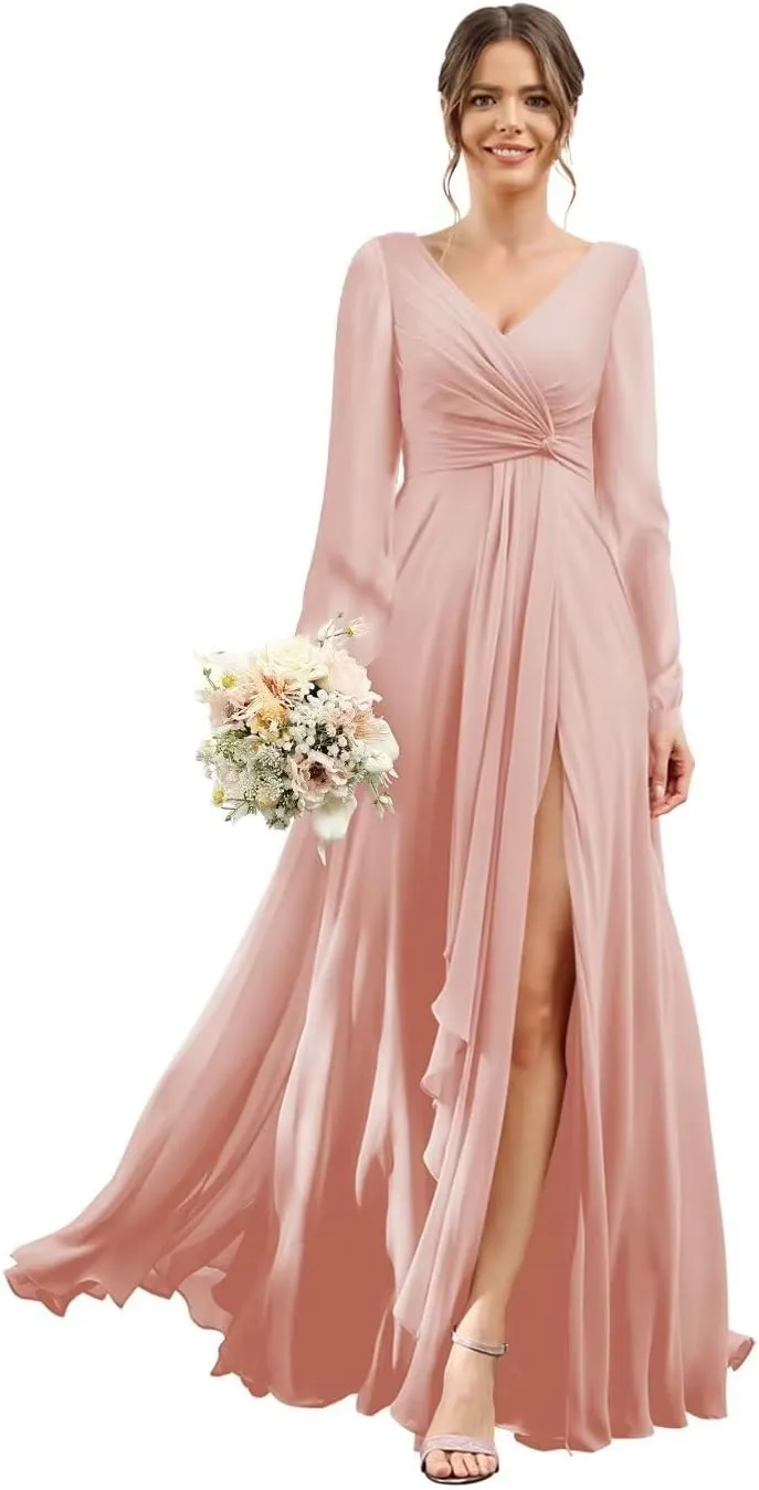 Chiffon Bridesmaid Dresses 2025 for Women with Slit V Neck Long Sleeve Flowy Formal Dresses with Pockets RO001