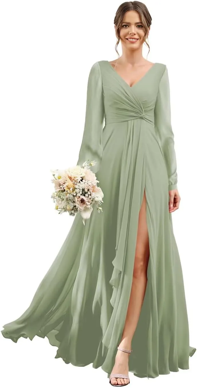 Chiffon Bridesmaid Dresses 2025 for Women with Slit V Neck Long Sleeve Flowy Formal Dresses with Pockets RO001