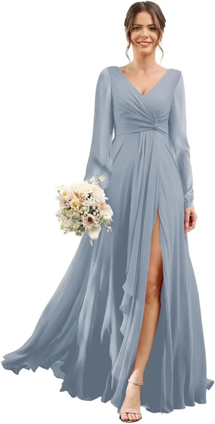 Chiffon Bridesmaid Dresses 2025 for Women with Slit V Neck Long Sleeve Flowy Formal Dresses with Pockets RO001